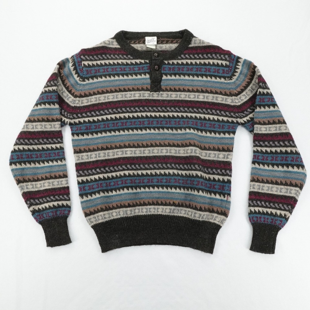 Levis Sweater Mens M Multicolor Fair Isle Henley Wool Blend Casual Grandpa Cosby